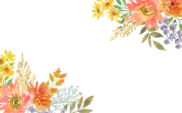 Watercolor-style Autumn background with autumn wildflowers and leaves for banner, greeting card and seasonal design. Vector file.