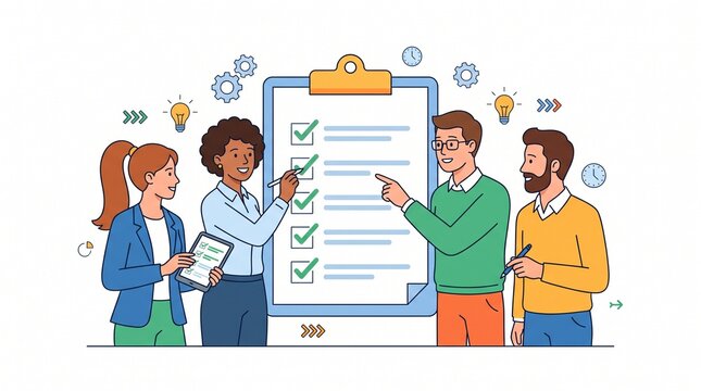 Business team planning projects/369998232293 and checking tasks on a giant clipboard list vector illustration