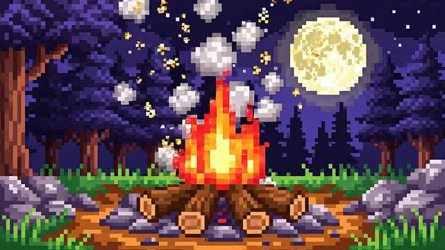 Pixel art campfire under full moon in nighttime forest with glowing flames and smoke