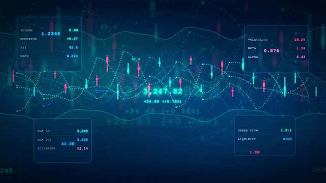 Abstract digital financial stock market data visualization with fluctuating blue and red trading charts