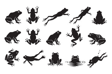 Fototapeta premium Black silhouette icons of frogs in various poses isolated on white background, Vector