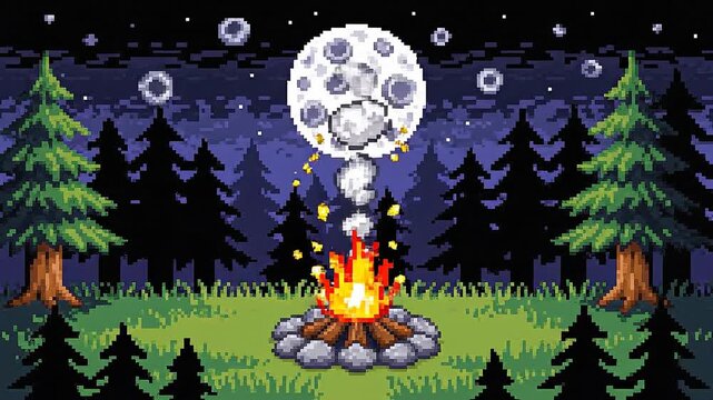 Pixel art night forest campfire with glowing flames full moon and smoke in retro video game style