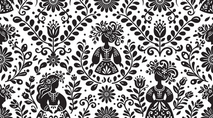 Folk art seamless pattern with Slavic women and floral motifs, black and white traditional ethnic ornament, rustic embroidery style vector background © SetuRani