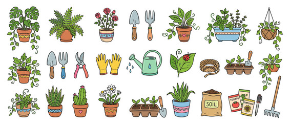 Drawn Garden Supplies and Potted Plants Collection © noeh