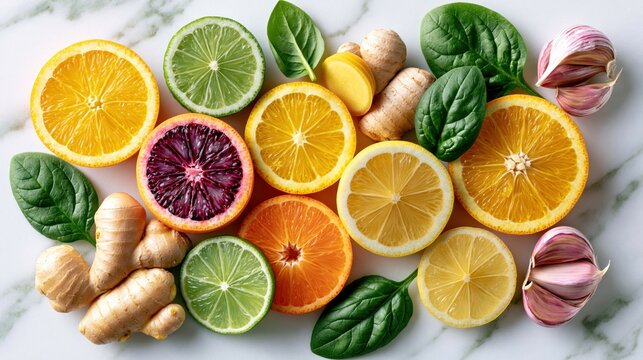 A top view flat lay of immune boosting foods featuring sliced citrus fruits, ginger root, garlic cloves, and fresh green spinach leaves on a white marble background.