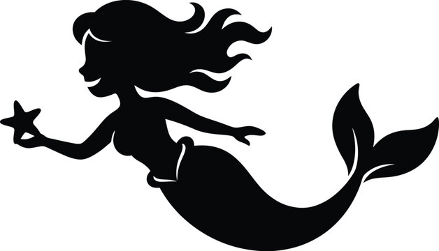 Cute mermaid silhouette holding a starfish vector illustration with silhouette