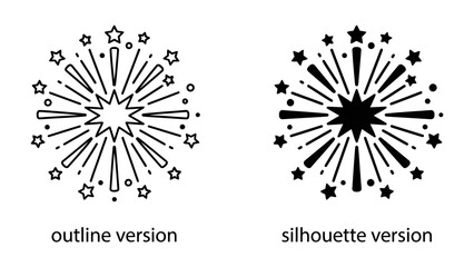 Fireworkburst Illustration: A dynamic illustration depicting a burst of fireworks in both outline and silhouette versions, symbolizing celebration and festivity. © Nazida