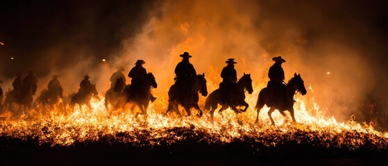 Fototapeta premium Fiery Spectacle: Silhouetted Horsemen Galloping Through Flames in Dramatic Night Scene