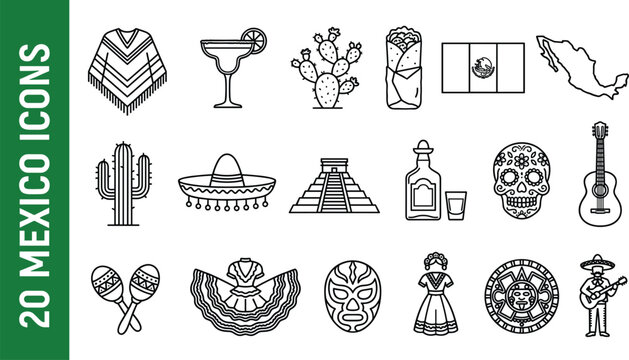 Set of traditional Mexico culture line icons featuring sombrero taco tequila sugar skull and aztec pyramid outline symbols