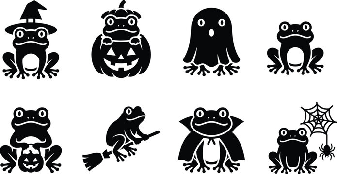 Cute halloween frog character icon set. witch hat frog, frog inside pumpkin, ghost sheet frog, sitting frog, frog holding pumpkin bucket, broomstick riding frog, vampire cape frog, frog with spider we