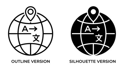 Language Translation Icons: A graphic representation showing a globe with a location pin and text indicating language translation, presented in both outline and silhouette versions. © Mohammad