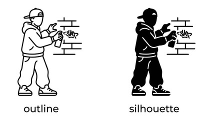 Graffiti Artist at Work: A young artist in a hoodie and cap spray paints a mural on a brick wall, depicted in both outline and silhouette forms, representing urban art and self-expression. © Nazida