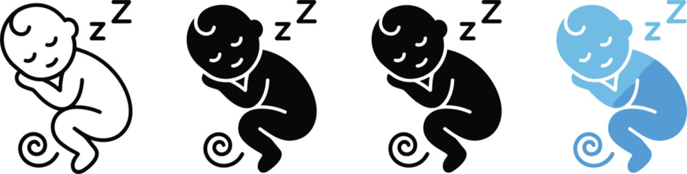 Sleeping newborn baby vector icons featuring fetal position newborn resting childcare prenatal maternity and infant care graphic design elements