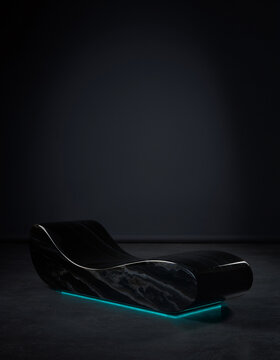 Ergonomic Black Marble Chaise Lounge with Blue Underglow