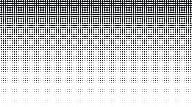 Black and white halftone dot pattern gradient with square shapes arranged in a grid on a white background, for backgrounds