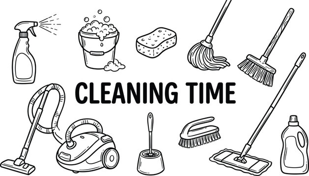 Hand drawn cleaning service tools vector icons set with vacuum cleaner mop broom spray bucket sponge isolated