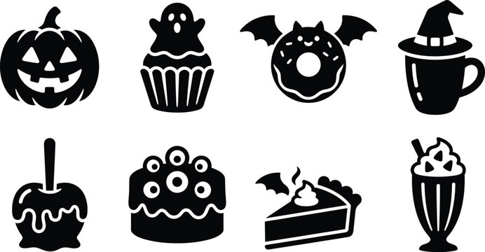 Halloween treats sweets desserts icon set. jack o lantern pumpkin, ghost cupcake, bat donut, witch hat mug, candy apple, eyeball cake, pie slice, milkshake