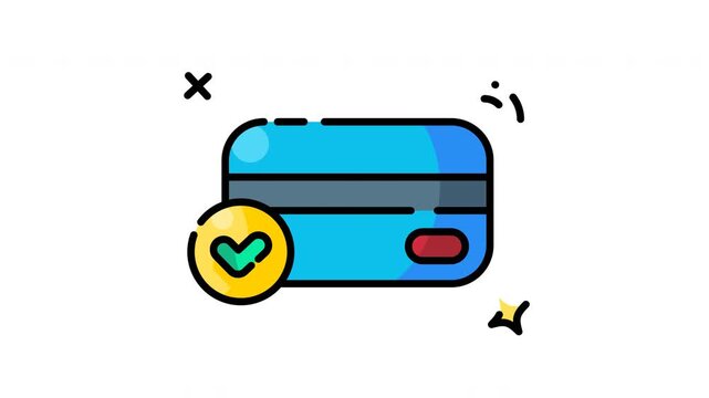 Blue credit card with checkmark symbol. Yellow badge shows approval or success. Sparkling particles add dynamic energy. Dark background emphasizes the card. Ideal for payment confirmation visuals