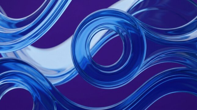 Abstract blue wavy 3D rings and flowing curves on purple background