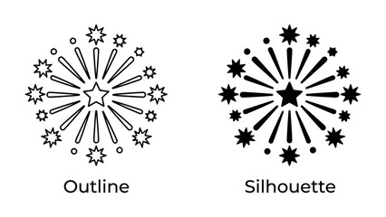 Fireworks Icon Set: A striking set of fireworks icons, presented in both outline and silhouette styles, ideal for graphic design and celebratory themes. © Ahsan