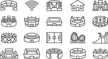 Stadium arena and entertainment venue line icons set featuring sports field concert stage architecture structures collection vector illustration © MSTRAZINA