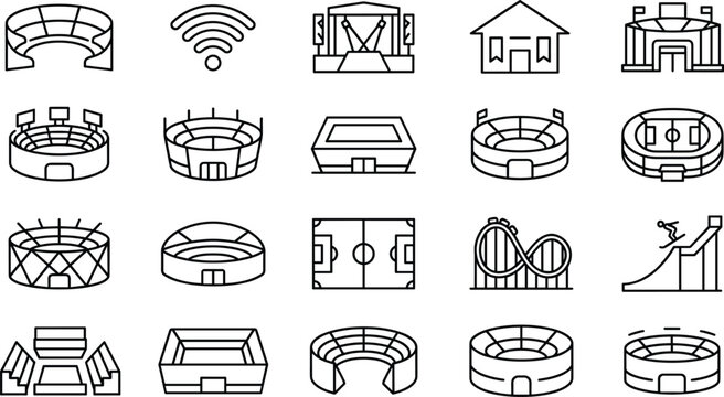 Stadium arena and entertainment venue line icons set featuring sports field concert stage architecture structures collection vector illustration