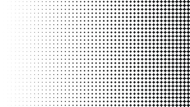 Black and white halftone pattern featuring a gradient of small plus signs arranged in a grid on a clean white background