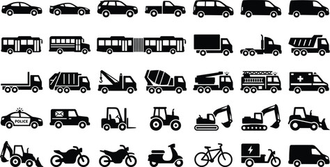 Vehicle Silhouette Icon Set Collection with Cars Trucks Buses Construction Equipment and Commercial Transport © MD