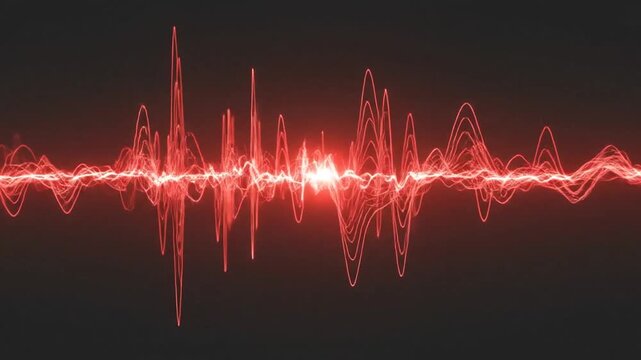 Red glowing digital audio waveform pulsing on a dark background with light flare