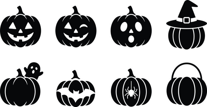 Halloween pumpkin jack o lantern icon set. smiling pumpkin, winking pumpkin, surprised pumpkin, witch hat pumpkin, ghost behind pumpkin, bat pumpkin, spider pumpkin, pumpkin bucket