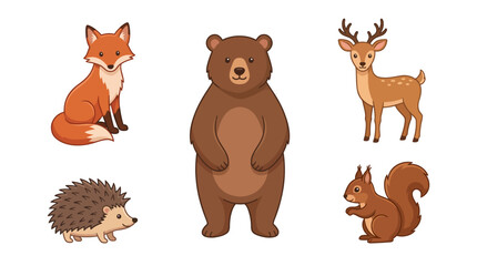 Fototapeta premium Collection of Various Forest Animals Including Fox Bear Squirrel and Deer.