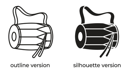 Dhol Drum Outline and Silhouette: A side-by-side comparison showcasing the outline and silhouette versions of a traditional Dhol drum, highlighting its distinctive barrel shape and striking sticks. © Md
