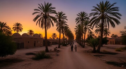 Fototapeta premium Long dirt road through palm tree village at dusk.