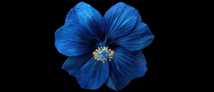 Luminous Blue Hibiscus with Golden Stamens, Showcasing Intricate Petal Veins on Black.