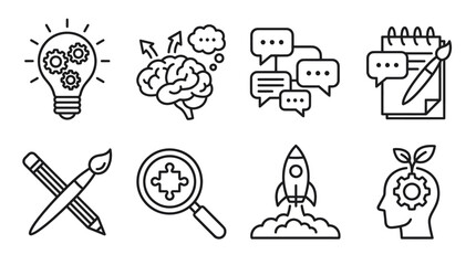 Innovation creativity and business idea launch line icons © ULFAITA