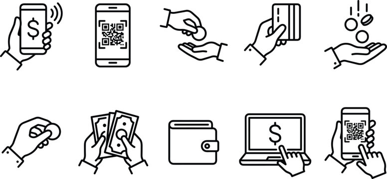 Line art financial transaction icons set with hands holding cash phone card wallet laptop coins isolated vector