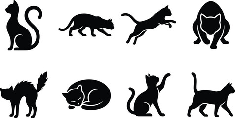 Cat silhouettes poses character icon set. sitting cat, stalking cat, jumping cat, pouncing cat, arched back scared cat, sleeping cat, paw reaching cat, walking cat © MDRAJU