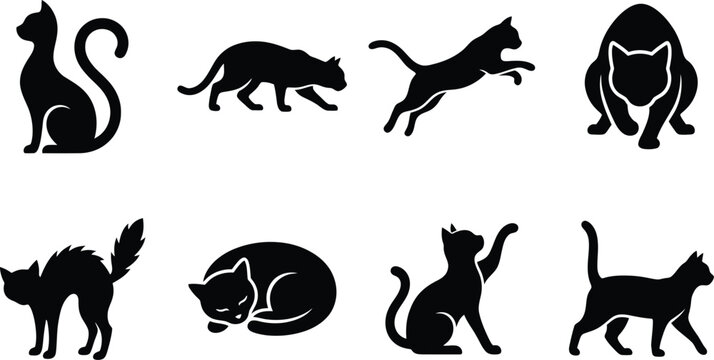 Cat silhouettes poses character icon set. sitting cat, stalking cat, jumping cat, pouncing cat, arched back scared cat, sleeping cat, paw reaching cat, walking cat