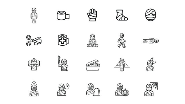 Collection of ancient Egyptian themed icons featuring mummies medical tools and daily life symbols with transparent backgrounds