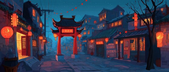 Obraz premium Lantern-Lit Chinese Streetscape at Night with Traditional Architecture and Festive Atmosphere