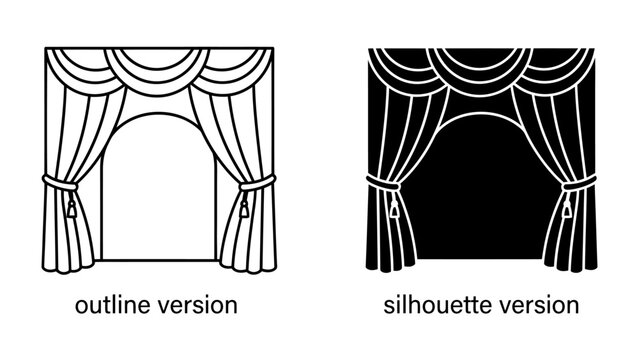 Stage Curtain Icon Set: A pair of elegant stage curtains, presented in both outline and silhouette versions, ready to reveal a grand performance or set the scene for an event.
