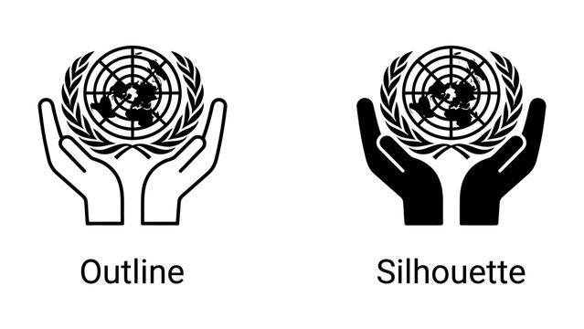 United Nations Icon: Two hands, depicted in both outline and silhouette, gently cradle the United Nations emblem, symbolizing global cooperation and support.