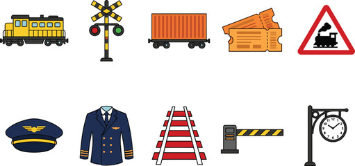 Railway train transportation color icons set with locomotive cargo wagon tickets uniform tracks signal clock isolated © MSTJAKIA