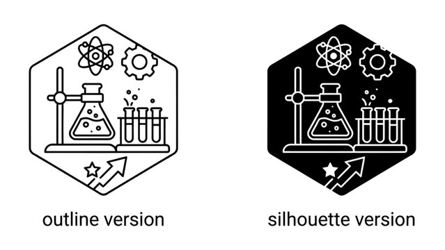 Science Lab Icons: A collection of stylized icons representing a science laboratory setup, featuring beakers, test tubes, a retort stand, atomic structures, and gears.