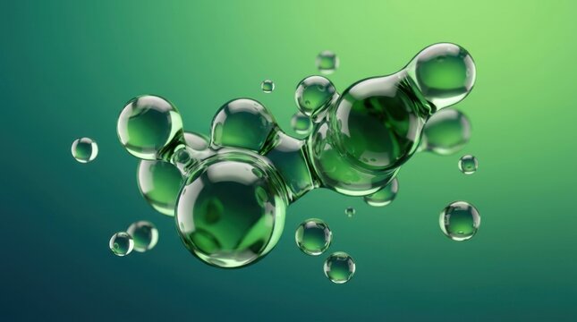 Abstract green glass metaball spheres in flight on isolated gradient background