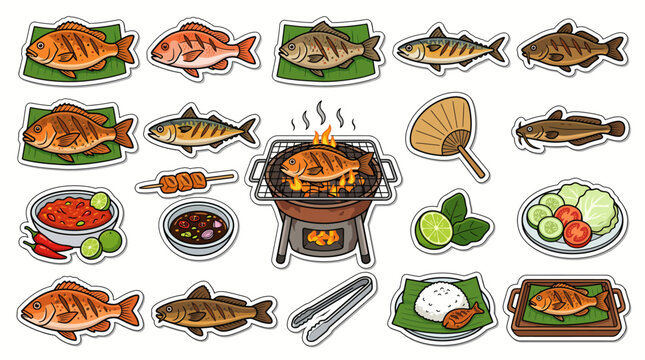 Ikan Bakar Cartoon Sticker Set Indonesian Grilled Fish with Charcoal Grill Sambal Rice Lalapan and Condiments Illustration