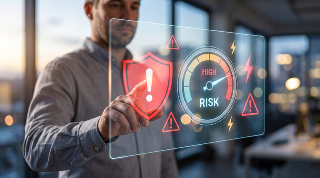 Businessman touching virtual transparent screen with high risk gauge and glowing warning shield, cybersecurity and risk management, Corporate risk assessment concept.
