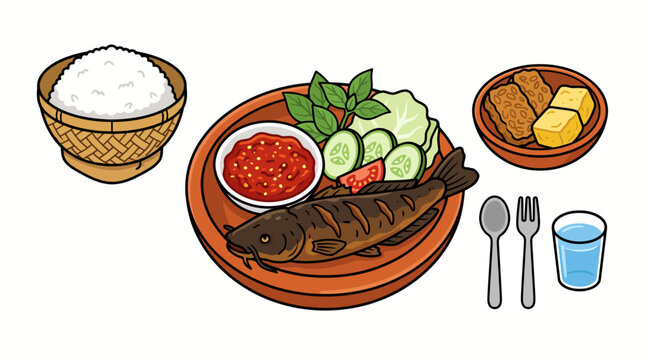 Cartoon Pecel Lele Set Complete Indonesian Fried Catfish with Rice Sambal Lalapan Tempe Tahu and Water Vector Illustration