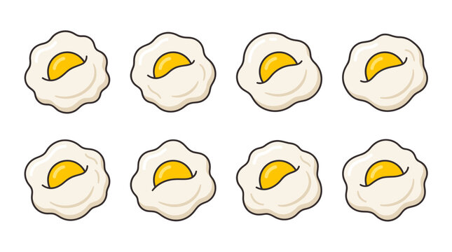 Set of eight cute cartoon poached egg icons with soft white and sunny yellow yolk isolated on white background