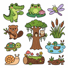 Fototapeta premium Cute Swamp Animal and Nature Cartoon Vector Set Isolated on White Background